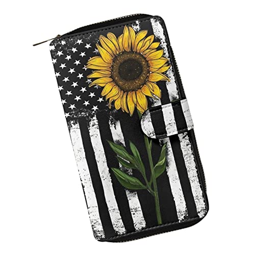 ZIATUBLES Lady Long Wallet Durable Wallet PU Leather Card Wallet with Money Clip Credit Card Holder Zip Card Case Coin Purse, Amerikanische Flagge Sonnenblume, Einheitsgröße von ZIATUBLES