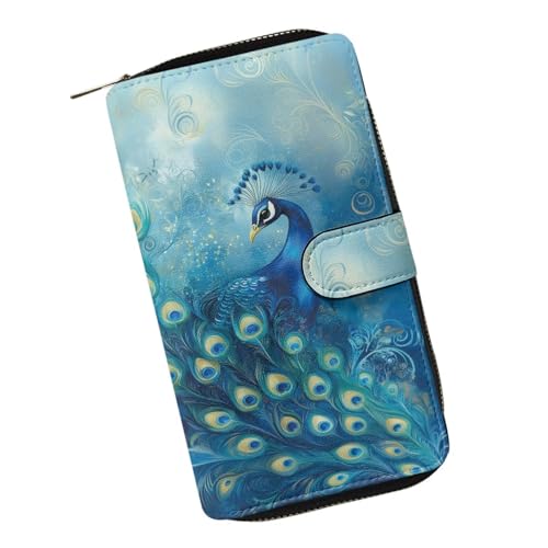 ZIATUBLES Lady Long Wallet Durable Wallet PU Leather Card Wallet with Money Clip Credit Card Holder Zip Card Case Coin Purse, Blauer Pfau mit Blumenmuster im Retro-Stil, Einheitsgröße von ZIATUBLES