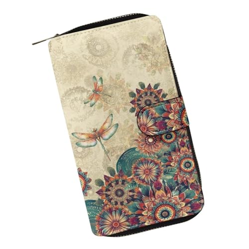 ZIATUBLES Lady Long Wallet Durable Wallet PU Leather Card Wallet with Money Clip Credit Card Holder Zip Card Case Coin Purse, Böhmische Blumenlibelle, Einheitsgröße von ZIATUBLES