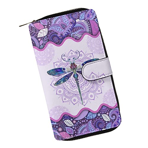 ZIATUBLES Lady Long Wallet Durable Wallet PU Leather Card Wallet with Money Clip Credit Card Holder Zip Card Case Coin Purse, Boho Libellen Mandala, Einheitsgröße von ZIATUBLES