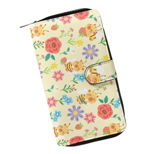 ZIATUBLES Lady Long Wallet Durable Wallet PU Leather Card Wallet with Money Clip Credit Card Holder Zip Card Case Coin Purse, Capybara Bee mit Blumenmuster, Einheitsgröße von ZIATUBLES