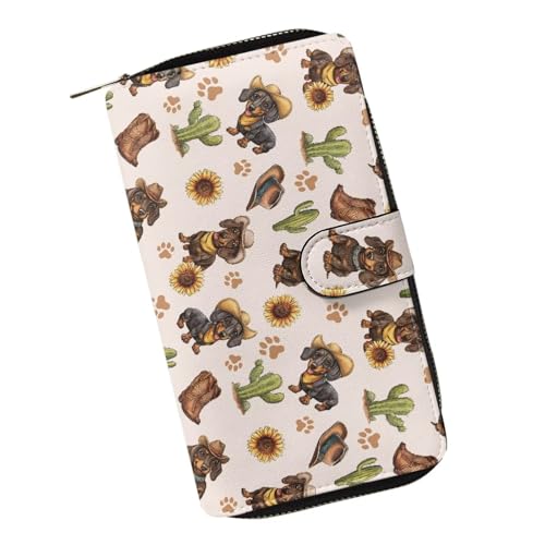 ZIATUBLES Lady Long Wallet Durable Wallet PU Leather Card Wallet with Money Clip Credit Card Holder Zip Card Case Coin Purse, Dackel Hund Sonnenblume Kaktus Pflanze, Einheitsgröße von ZIATUBLES