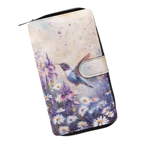 ZIATUBLES Lady Long Wallet Durable Wallet PU Leather Card Wallet with Money Clip Credit Card Holder Zip Card Case Coin Purse, Gänseblümchen, lila, geblümt, Kolibri, Einheitsgröße von ZIATUBLES