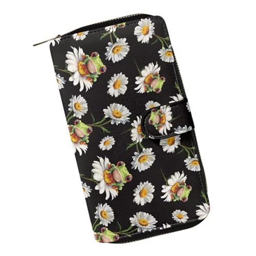 ZIATUBLES Lady Long Wallet Durable Wallet PU Leather Card Wallet with Money Clip Credit Card Holder Zip Card Case Coin Purse, Gänseblümchen-Blumenfrosch, Einheitsgröße von ZIATUBLES