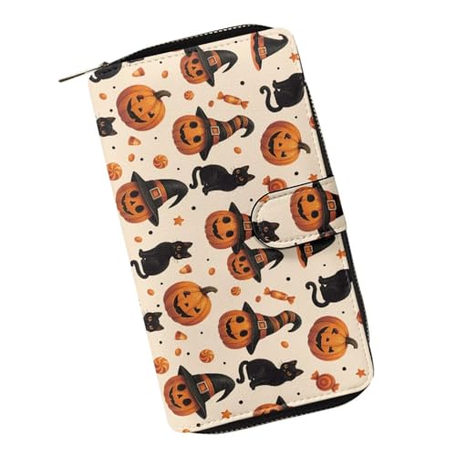 ZIATUBLES Lady Long Wallet Durable Wallet PU Leather Card Wallet with Money Clip Credit Card Holder Zip Card Case Coin Purse, Halloween-Kürbis schwarze Katze, Einheitsgröße von ZIATUBLES