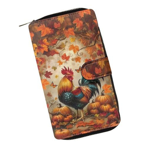 ZIATUBLES Lady Long Wallet Durable Wallet PU Leather Card Wallet with Money Clip Credit Card Holder Zip Card Case Coin Purse, Herbst-Ahornblatt-Hahn-Kürbis, Einheitsgröße von ZIATUBLES