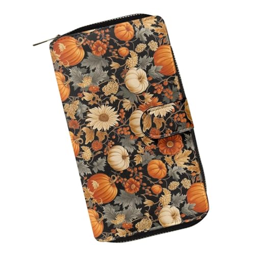 ZIATUBLES Lady Long Wallet Durable Wallet PU Leather Card Wallet with Money Clip Credit Card Holder Zip Card Case Coin Purse, Herbst-Kürbis-Sonnenblume, Einheitsgröße von ZIATUBLES