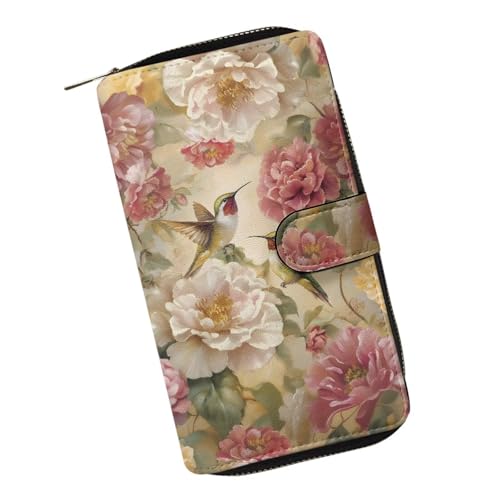 ZIATUBLES Lady Long Wallet Durable Wallet PU Leather Card Wallet with Money Clip Credit Card Holder Zip Card Case Coin Purse, Kolibri mit Pfingstrosen-Blumenmuster, Einheitsgröße von ZIATUBLES