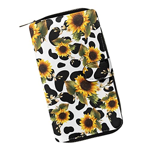 ZIATUBLES Lady Long Wallet Durable Wallet PU Leather Card Wallet with Money Clip Credit Card Holder Zip Card Case Coin Purse, Kuh Spots Sonnenblumen, Einheitsgröße von ZIATUBLES