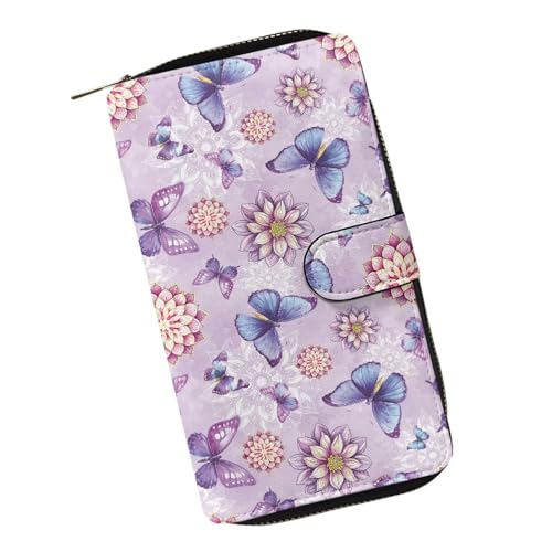ZIATUBLES Lady Long Wallet Durable Wallet PU Leather Card Wallet with Money Clip Credit Card Holder Zip Card Case Coin Purse, Lila Bohemian Flower Butterfly, Einheitsgröße von ZIATUBLES