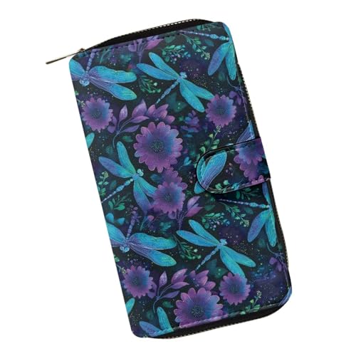 ZIATUBLES Lady Long Wallet Durable Wallet PU Leather Card Wallet with Money Clip Credit Card Holder Zip Card Case Coin Purse, Lilafarbene Libelle mit Blumenmuster, Einheitsgröße von ZIATUBLES