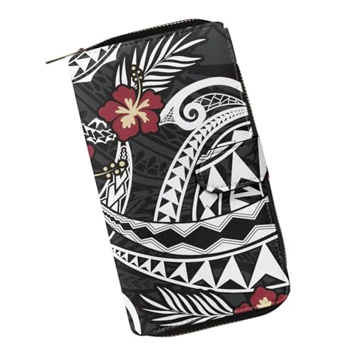 ZIATUBLES Lady Long Wallet Durable Wallet PU Leather Card Wallet with Money Clip Credit Card Holder Zip Card Case Coin Purse, Red Hibiscus Floral Black Polynesian, Einheitsgröße von ZIATUBLES