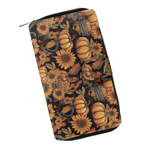 ZIATUBLES Lady Long Wallet Durable Wallet PU Leather Card Wallet with Money Clip Credit Card Holder Zip Card Case Coin Purse, Retro-Sonnenblumenkürbis, Einheitsgröße von ZIATUBLES