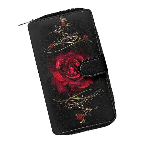 ZIATUBLES Lady Long Wallet Durable Wallet PU Leather Card Wallet with Money Clip Credit Card Holder Zip Card Case Coin Purse, Rose, Rot, Einheitsgröße von ZIATUBLES