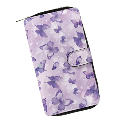 ZIATUBLES Lady Long Wallet Durable Wallet PU Leather Card Wallet with Money Clip Credit Card Holder Zip Card Case Coin Purse, violettfarbener schmetterling, Einheitsgröße von ZIATUBLES