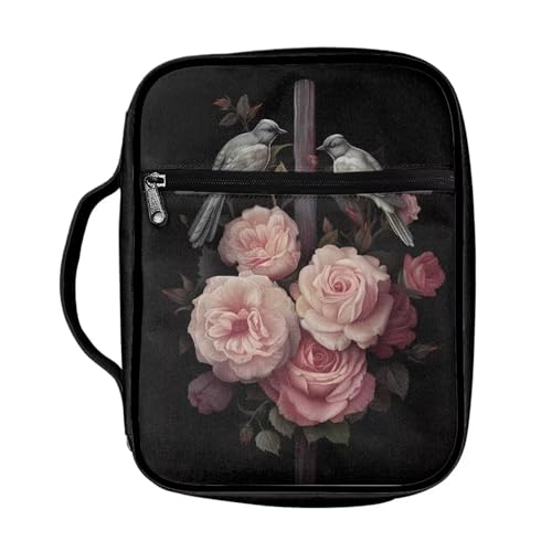 ZIATUBLES Lässige Bibelhülle mit Griff für Damen und Herren, große Kapazität, Bibelträgertasche, Polyester-Stoff, Buchhalter für Outdoor, Kirche, Studium, Beten, Rosenblüte, Kreuz, Vogelmuster von ZIATUBLES