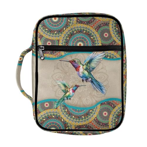 ZIATUBLES Lässige Bibelhüllen mit Griff für Damen und Herren, leichte Bibelhülle mit Reißverschlusstaschen, Buchhalter, christliche Tasche für Outdoor, Studium, Beten, Boho-Mandala, Kolibri-Muster von ZIATUBLES