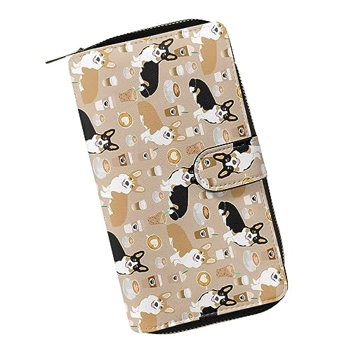 ZIATUBLES Lange Geldbörse für Damen, Kunstleder, Bifold Kartenhalter, Geldbörse mit Reißverschlussfach, Clutch-Geldbörse, Geschenke für Damen, Kaffee Corgi, Einheitsgröße von ZIATUBLES