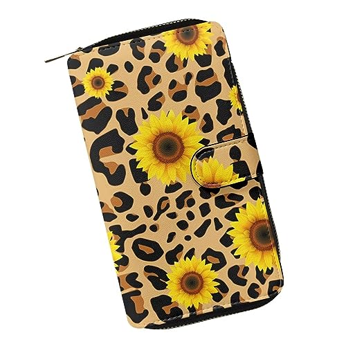 ZIATUBLES Lange Geldbörse für Damen, Kunstleder, Bifold Kartenhalter, Geldbörse mit Reißverschlussfach, Clutch-Geldbörse, Geschenke für Damen, Leopard Sonnenblume, Einheitsgröße von ZIATUBLES