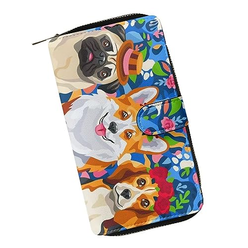 ZIATUBLES Lange Geldbörse für Damen, Kunstleder, Bifold Kartenhalter, Geldbörse mit Reißverschlussfach, Clutch-Geldbörse, Geschenke für Damen, Mops Corgi Beagle Hunde, Einheitsgröße von ZIATUBLES