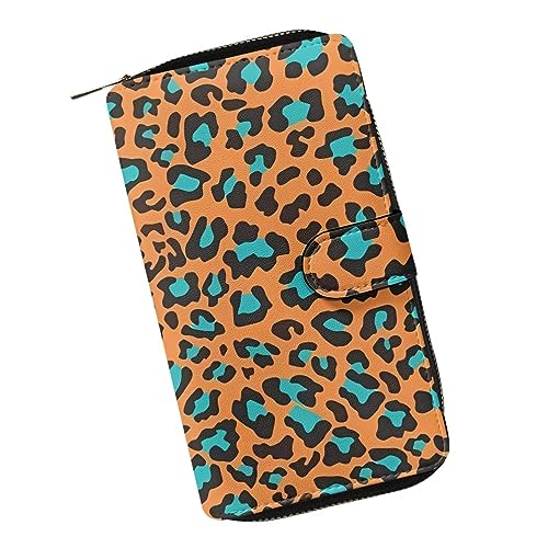 ZIATUBLES Lange Geldbörse für Damen, Kunstleder, Bifold Kartenhalter, Geldbörse mit Reißverschlussfach, Clutch-Geldbörse, Geschenke für Damen, Orange Teal Leopard, Einheitsgröße von ZIATUBLES