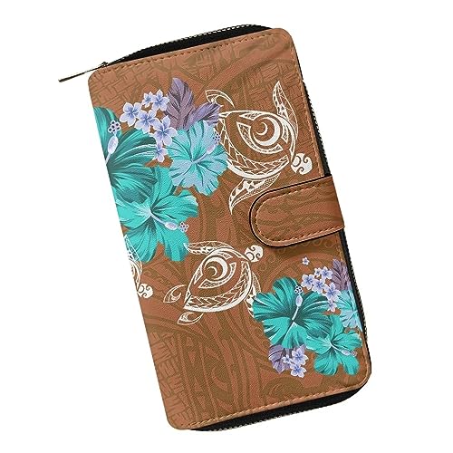 ZIATUBLES Lange Geldbörse für Damen, Kunstleder, Bifold Kartenhalter, Geldbörse mit Reißverschlussfach, Clutch-Geldbörse, Geschenke für Damen, Polynesische Hibiskus-Blumenschildkröte, Einheitsgröße von ZIATUBLES