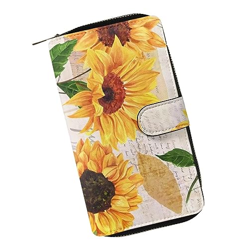 ZIATUBLES Lange Geldbörse für Damen, Kunstleder, Bifold Kartenhalter, Geldbörse mit Reißverschlussfach, Clutch-Geldbörse, Geschenke für Damen, Vintage Sonnenblume, Einheitsgröße von ZIATUBLES