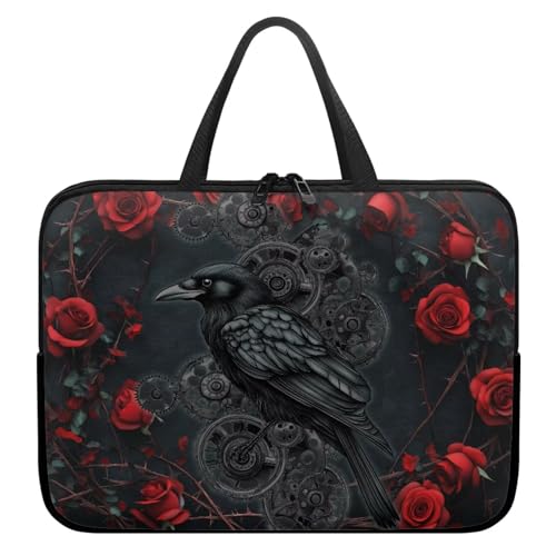 ZIATUBLES Laptop-Schutzhülle, Motiv: schwarzer Rabe, rote Rose, stoßfest, schützende Laptophülle, Aktentasche, Laptophüllen mit Tragegriff oben, für Studierarbeiten, 33 cm (13 Zoll) von ZIATUBLES