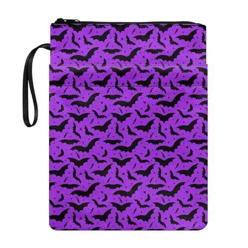 ZIATUBLES Lila Fledermaus-Muster Buchhülle für Buchliebhaber Halloween Buchhülle mit Reißverschluss Buchschutz Taschenbuch Buchhülle Schreibwaren Aufbewahrungstasche für Kinder Teenager Federmäppchen von ZIATUBLES