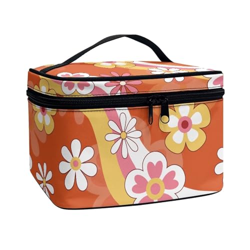 ZIATUBLES Make-up-Tasche für Damen, mit Tragegriff oben, tragbar, Zugtasche, große Kapazität, Kulturbeutel für den Urlaub, Hippie-Blume, Orange, Einheitsgröße von ZIATUBLES