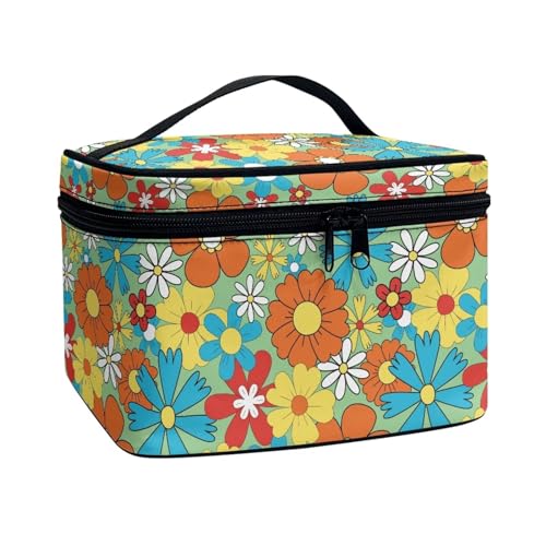 ZIATUBLES Make-up-Tasche für Damen, mit Tragegriff oben, tragbar, Zugtasche, große Kapazität, Kulturbeutel für den Urlaub, Hippie Flower, Einheitsgröße von ZIATUBLES