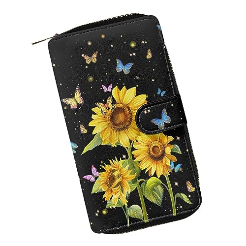 ZIATUBLES PU Leder Brieftasche Kreditkarte Halter Frauen Brieftasche Dame Haspe Geldbörse Weibliche Außen Clip Tasche Münze Lange Langlebige Brieftasche, Sonnenblume Schmetterlinge Galaxie, von ZIATUBLES