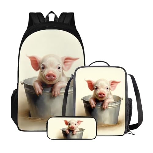 ZIATUBLES Rucksack-Set für Jungen und Mädchen, Schultasche mit Lunchtasche und Federmäppchen, geräumiger Rucksack, Tagesrucksack für Outdoor, Niedliches Schwein im Vintage-Stil, Einheitsgröße, von ZIATUBLES