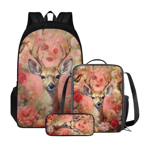 ZIATUBLES Rucksack-Set für Jungen und Mädchen, Schultasche mit Lunchtasche und Federmäppchen, geräumiger Rucksack, Tagesrucksack für Outdoor, Retro-Elch mit Blumenmuster, Einheitsgröße, Tagesrucksäcke von ZIATUBLES