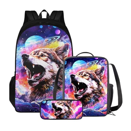 ZIATUBLES Rucksack-Set für Jungen und Mädchen, Schultasche mit Lunchtasche und Federmäppchen, geräumiger Rucksack, Tagesrucksack für Outdoor, Splatter Galaxy Wolf, Einheitsgröße, Tagesrucksäcke von ZIATUBLES