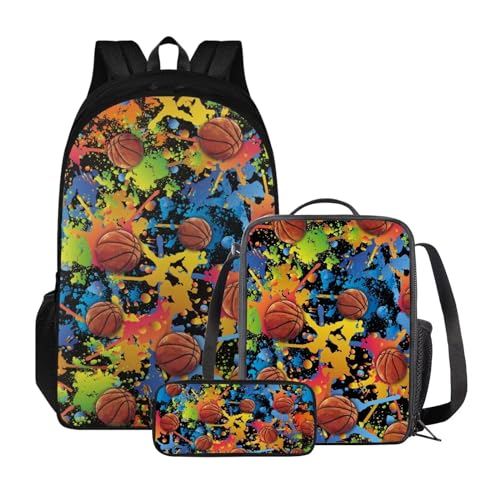 ZIATUBLES Rucksack-Set für Jungen und Mädchen, Schultasche mit Lunchtasche und Federmäppchen, geräumiger Rucksack, Tagesrucksack für Outdoor, Spritzer Ölgemälde Basketball, Einheitsgröße, von ZIATUBLES