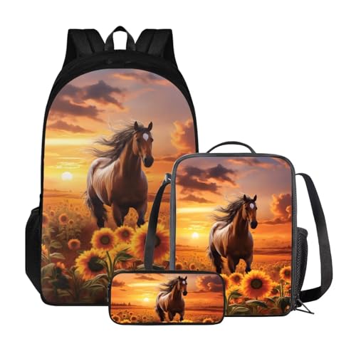 ZIATUBLES Rucksack-Set für Jungen und Mädchen, Schultasche mit Lunchtasche und Federmäppchen, geräumiger Rucksack, Tagesrucksack für Outdoor, Sunset Glow Sonnenblumenpferd, Einheitsgröße, von ZIATUBLES