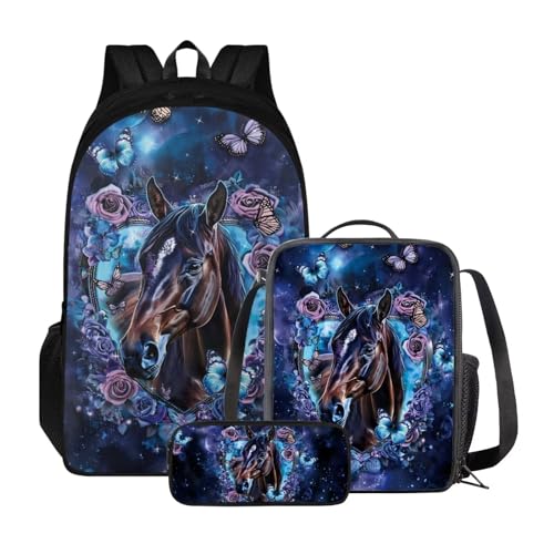 ZIATUBLES Rucksack-Set für Jungen und Mädchen, Schultasche mit Lunchtasche und Federmäppchen, geräumiger Rucksack, Tagesrucksack für Outdoor, Vintage Floral Pferd Schmetterling, Einheitsgröße, von ZIATUBLES