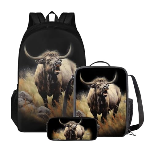 ZIATUBLES Rucksack-Set für Jungen und Mädchen, Schultasche mit Lunchtasche und Federmäppchen, geräumiger Rucksack, Tagesrucksack für Outdoor, Vintage Wildlife American Bison, Einheitsgröße, von ZIATUBLES