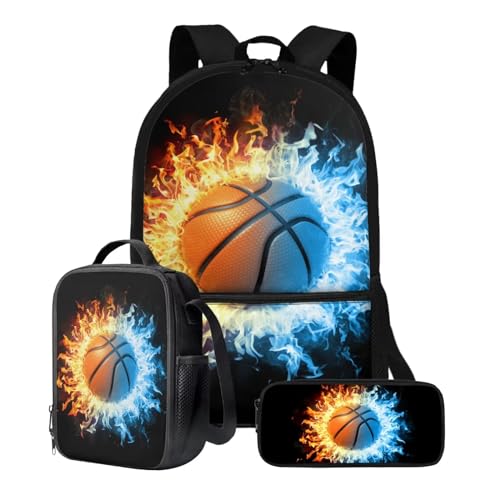 ZIATUBLES Schüler-Rucksack-Set, Schultasche, 3er-Pack, Reisetasche, Lunchbox, Federmäppchen, Jungen, Mädchen, 43,2 cm, Rucksack, Tagesrucksack, Basketball-Feuer, Einheitsgröße, Schulranzen-Set von ZIATUBLES