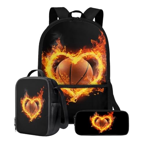 ZIATUBLES Schüler-Rucksack-Set, Schultasche, 3er-Pack, Reisetasche, Lunchbox, Federmäppchen, Jungen, Mädchen, 43,2 cm, Rucksack, Tagesrucksack, Basketball Fire Love, Einheitsgröße, Schulranzen-Set von ZIATUBLES