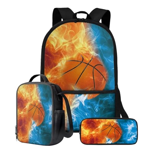 ZIATUBLES Schüler-Rucksack-Set, Schultasche, 3er-Pack, Reisetasche, Lunchbox, Federmäppchen, Jungen, Mädchen, 43,2 cm, Rucksack, Tagesrucksack, Feuer-Basketball, Einheitsgröße, Schulranzen-Set von ZIATUBLES