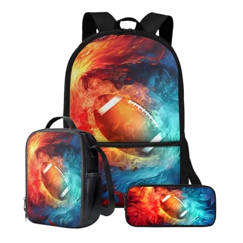 ZIATUBLES Schüler-Rucksack-Set, Schultasche, 3er-Pack, Reisetasche, Lunchbox, Federmäppchen, Jungen, Mädchen, 43,2 cm, Rucksack, Tagesrucksack, Feuerfußball, Einheitsgröße, Schulranzen-Set von ZIATUBLES