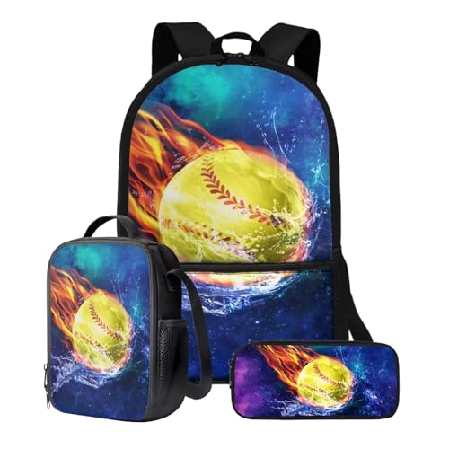 ZIATUBLES Schüler-Rucksack-Set, Schultasche, 3er-Pack, Reisetasche, Lunchbox, Federmäppchen, Jungen, Mädchen, 43,2 cm, Rucksack, Tagesrucksack, Galaxy Fire Softball, Einheitsgröße, Schulranzen-Set von ZIATUBLES