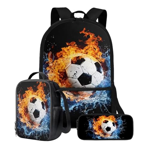 ZIATUBLES Schüler-Rucksack-Set, Schultasche, 3er-Pack, Reisetasche, Lunchbox, Federmäppchen, Jungen, Mädchen, 43,2 cm, Rucksack, Tagesrucksack, Splatter Water Fire Soccer, Einheitsgröße, von ZIATUBLES