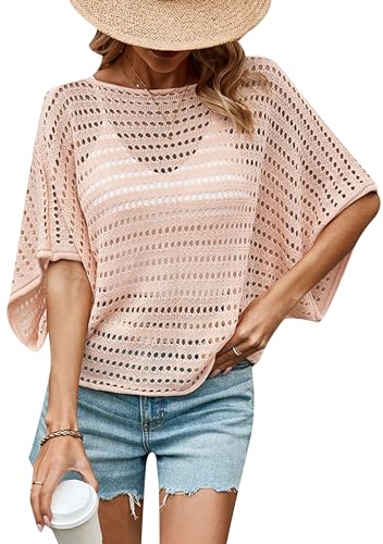 ZICUE Crochet Sommer Kurzarm Strick Shirts Für Frauen Solid Color Cut Out Jumper Beach Cover Up Knit Hollow Out Shirts Rosa L von ZICUE
