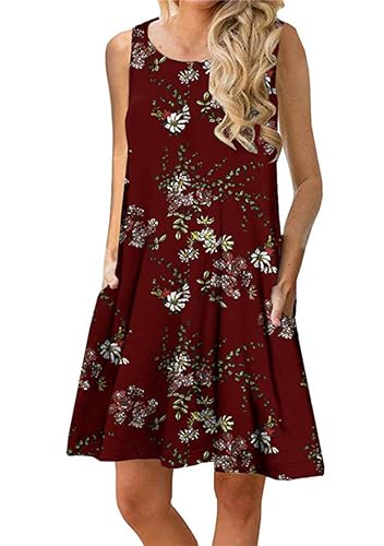 ZICUE Damen Casual Crew Neck Wide Waist Short Dresses Loose Sleeveless Knee Length Dresses Summer Beach Short Dress Burgundische Blume XL von ZICUE