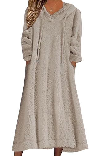 ZICUE Damen Soft Oversize Casual Dress Fashion Warm Fall Loungewear Hood Drawstring Pullover Kleid Khaki XL von ZICUE