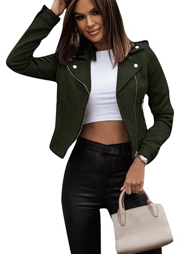 ZICUE Frauen Faux Wildleder Jacke Winter Revers Trenchcoat Full Zip Kurze Jacke Grün S von ZICUE