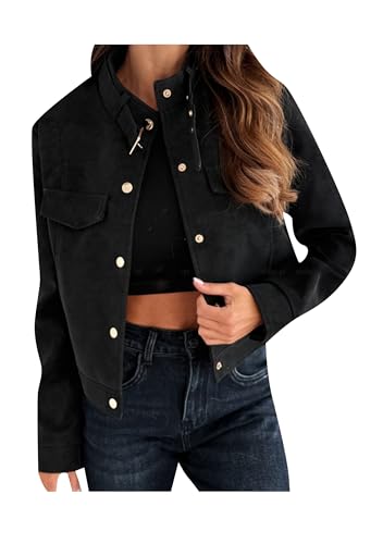 ZICUE Frauen Trendy Bomber Kurz Mantel Retro Leicht Casual Outwear Mit Taschen Stand Kragen Jacke Schwarz M von ZICUE